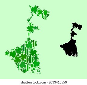 Vektorkarte des Bundesstaates Westbengalen. Collage von grünen Weinblättern, Weinflaschen. Karte des Westbengalen Bundesstaates Collage gebildet aus Flaschen, Weintrauben, grünen Blättern.