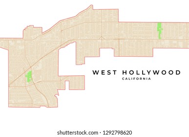 Vector map of West Hollywood, California, USA. Various colors for streets, parks, water and border.