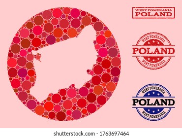 Vector map of West Pomerania Province collage of circle dots and red scratched seal. Stencil round map of West Pomerania Province collage composed with circles in various sizes, and red shades.