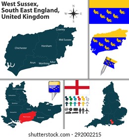 Vector map of West Sussex, South East England, United Kingdom with regions and flags
