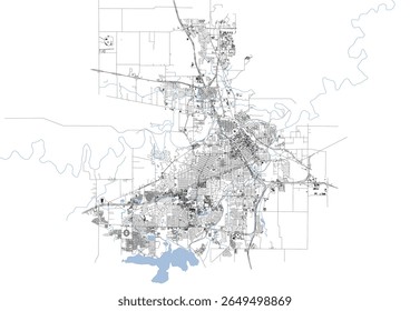 Vector map of Wichita Falls detailing highways, buildings, and waterways. Shows the city's complex infrastructure and urban layout.