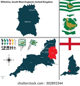 Vector map of Wiltshire in South West England, United Kingdom with regions and flags