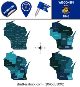 Vector map of Wisconsin with named regions and travel icons