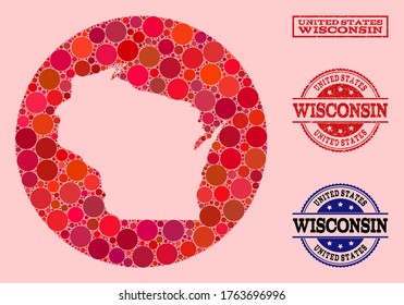 Vector map of Wisconsin State collage of round elements and red grunge stamp. Stencil round map of Wisconsin State collage designed with circles in various sizes, and red color tinges.