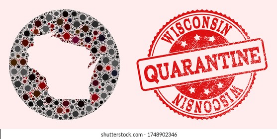Vector map of Wisconsin State mosaic of SARS virus and red grunge quarantine stamp. Infection cells attack the quarantine territory from out space.