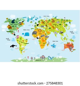 Vector map of the world with animals