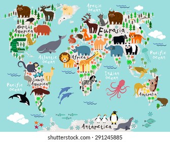 Vector map of the world with animals