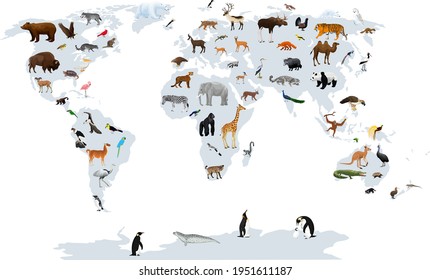 Vector map of the world with animals. Europe, Asia, South America, North America, Australia, Africa.