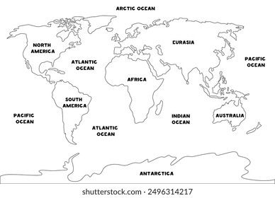 Vector map of the world in black and white edition. Coloring page. Map outlines.