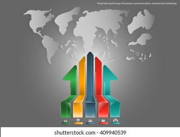 Vector map of the world of business travel and arrows of communication, trading, marketing and global business icon flat design