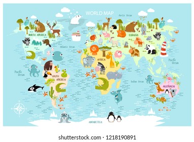 Vector map of the world with cartoon animals for kids. 