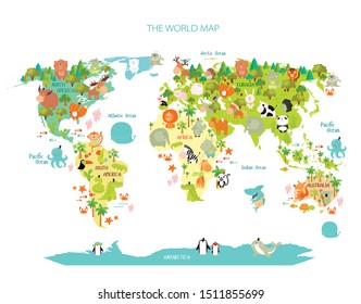 Vector map of the world with cartoon animals for kids. Europe, Asia, South America, North America, Australia and Africa. 