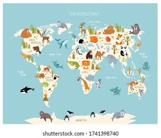 Vector map of the world with cartoon animals for kids. Eurasia, South America, North America, Australia and Africa. 
