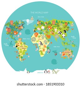 Vector map of the world with cartoon animals for kids. Eurasia, South America, North America, Australia and Africa. 