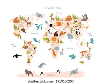 Vector map of the world with cartoon animals for kids. Eurasia, South America, North America, Australia and Africa. 