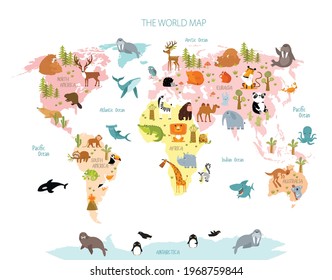 Mapa vectorial del mundo con animales de dibujos animados para niños. Europa, Asia, América del Sur, América del Norte, Australia, África. 
