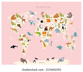 Vector map of the world with cartoon animals for kids. Eurasia, South America, North America, Australia and Africa. 