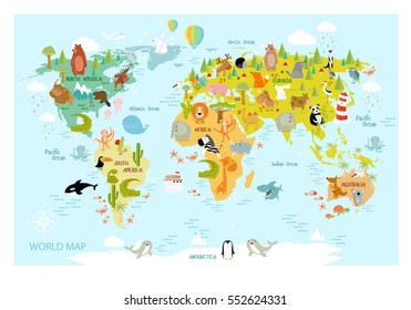 Mapa vectorial del mundo con dibujos animados para niños. Europa, Asia, América del Sur, América del Norte, Australia, África. León, cocodrilo, canguro. koala, ballena, oso, elefante, tiburón, serpiente, tocan.