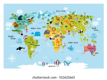 Vector map of the world with cartoon animals for kids. Europe, Asia, South America, North America, Australia, Africa. Lion, crocodile, kangaroo. koala, whale, bear, elephant, shark, toucan, parrot