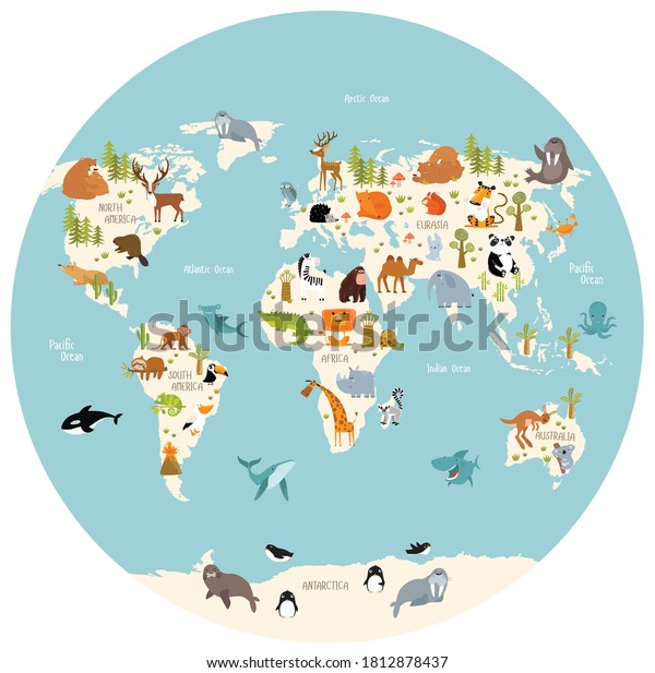 vector map world cartoon animals kids stock vector royalty free 1812878437