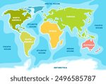 Vector map of the world in cartoon style, continents and oceans.