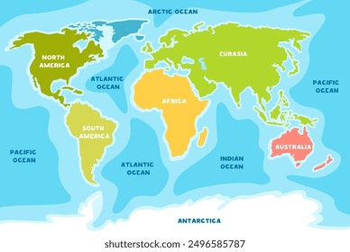 Vector map of the world in cartoon style, continents and oceans.