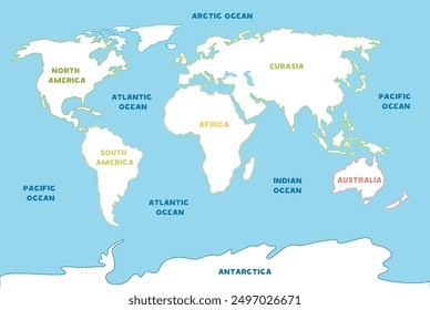 Mapa de Vector del mundo en estilo de dibujos animados, continentes y océanos. Líneas de trazado.