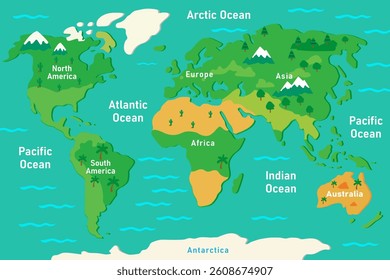 Vector map of the world in cartoon style, continents and oceans.