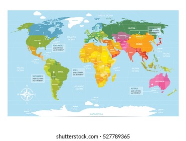 Vector map of the world with countries. America, Eurasia, Australia, Africa, Antarctica. It can be used as a poster for teaching children.