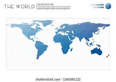 Vector map of the world. Equirectangular (plate carree) projection of the world. Blue shades colored polygons. Contemporary vector illustration.