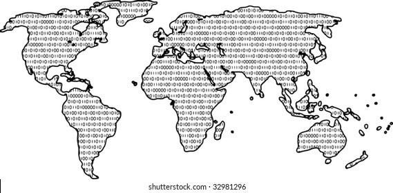 Vector map of the world filled with binary numbers
