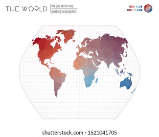Vector map of the world. Ginzburg VIII projection of the world. Red and blue colored polygons. Elegant vector illustration.