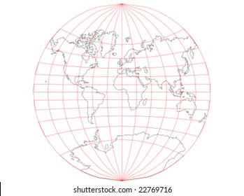 A vector map of the world with a map grid that uses the Van der Grinten projection showing the outlines of the continents