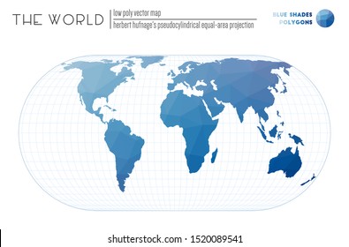 Vector map of the world. Herbert Hufnage's pseudocylindrical equal-area projection of the world. Blue Shades colored polygons. Trending vector illustration.