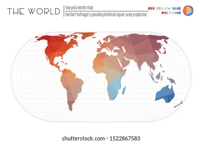 Vector map of the world. Herbert Hufnage's pseudocylindrical equal-area projection of the world. Red Yellow Blue colored polygons. Neat vector illustration.