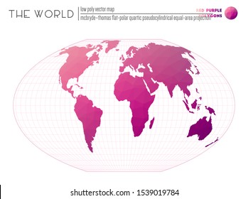 Vector map of the world. McBryde-Thomas flat-polar quartic pseudocylindrical equal-area projection of the world. Red-purple colored polygons. Awesome vector illustration.