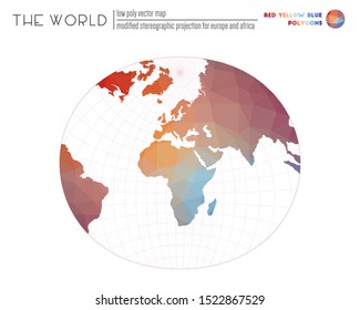 Vector map of the world. Modified stereographic projection for Europe and Africa of the world. Red, Yellow, Blue colored polygons. Modern vector illustration.