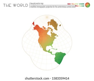 Vector map of the world. Modified stereographic projection for the conterminous United States of the world. Red Yellow Green colored polygons. Amazing vector illustration.