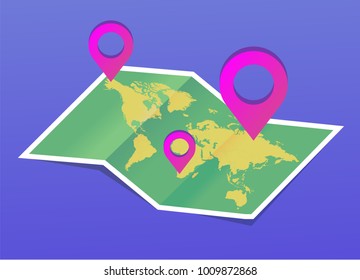 Vector map of the world and map navigation icons. Vector illustration.