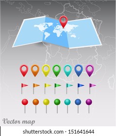 Vector map of the world and map navigation icons and pin on white background 