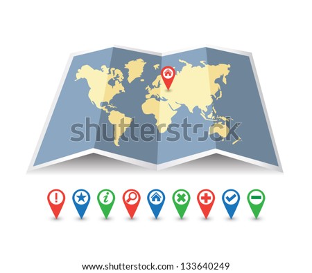 Vector map of the world and map navigation icons and pin on white background