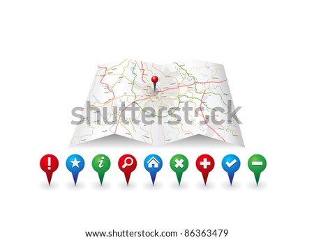 Vector map of the world and map navigation icons and pin on white background