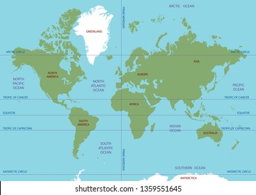 Vector Map Of The World. Oceans And Continents On A Flat Projection. The Globe On The Plane. Vector Illustration