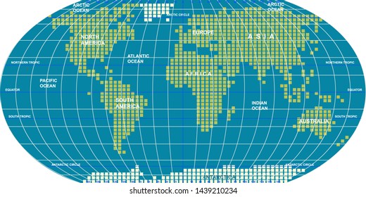 Vector map of the world. Oceans and continents on a flat projection. The globe on the plane. Vector illustration
