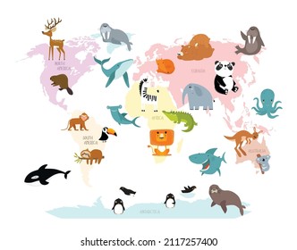 Mapa vectorial del mundo en colores pastel. Mapa mundial con animales. Educación para los niños. Estudiar animales. Mapa mundial para niños. Papel de escritorio para la habitación de los niños.