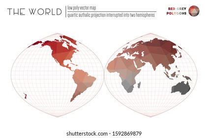 Vector map of the world. Quartic authalic projection interrupted into two hemispheres of the world. Red Grey colored polygons. Trending vector illustration.