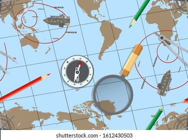 Vector map of the world. Seamless pattern Oceans and continents on a flat projection. Globe on the plane. Ship models on the map. Carrier strike group. Seamless vector illustration.