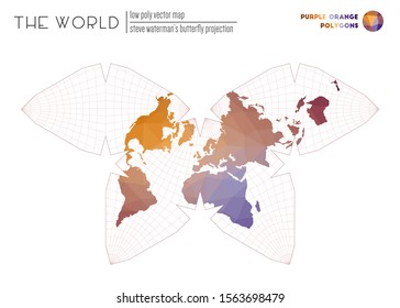Vector map of the world. Steve Waterman's butterfly projection of the world. Purple Orange colored polygons. Creative vector illustration.