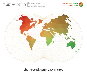 Vector map of the world. Van der Grinten IV projection of the world. Red, Yellow, Green colored polygons. Elegant vector illustration.