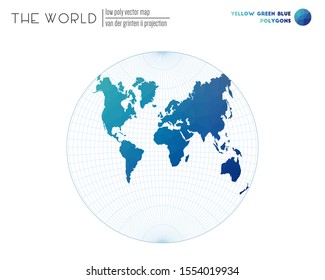 Vector map of the world. Van der Grinten II projection of the world. Yellow Green Blue colored polygons. Neat vector illustration.